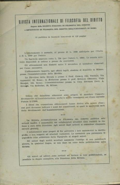 Rivista internazionale di filosofia del diritto. Anno XXXV - Serie III. Gennaio - Aprile 1958 - Giorgio Del Vecchio - 2