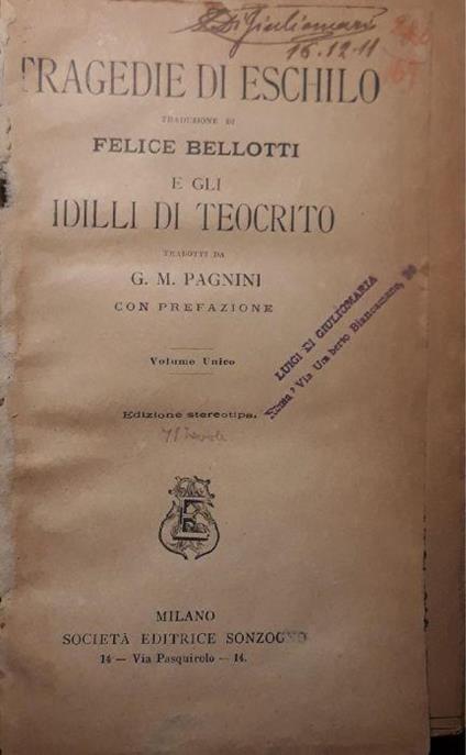 Tragedie di Eschilo e gli idilli di Teocrito - Felice Bellotti - copertina