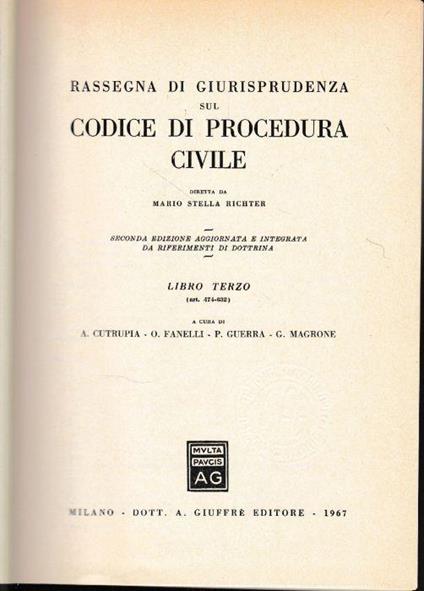 Rassegna di Giurisprudenza sul Codice di Procedura Civile, libro terzo (art. 474-632) - Mario Stella Richter - copertina