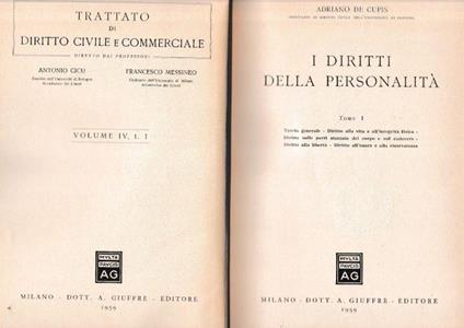 Trattato di Diritto Civile e Commerciale, volume IV, tomo 1. I diritti della personalità - Adriano De Cupis - copertina