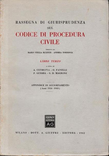 Rassegna di Giurisprudenza sul Codice di Procedura Civile, tomo terzo, appedice di aggiornamento (anni 1956-1960) - Mario Stella Richter - copertina