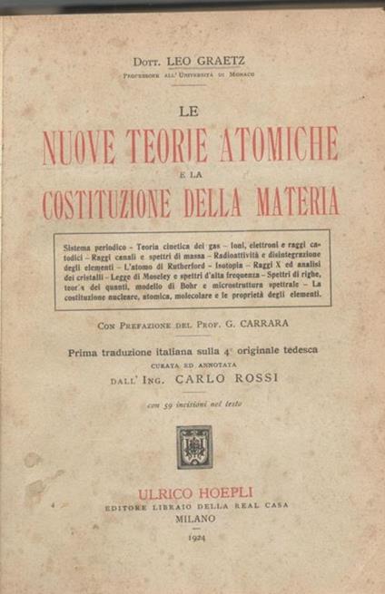 Le nuove teorie atomiche e la costituzione della materia - Leo Graetz - copertina