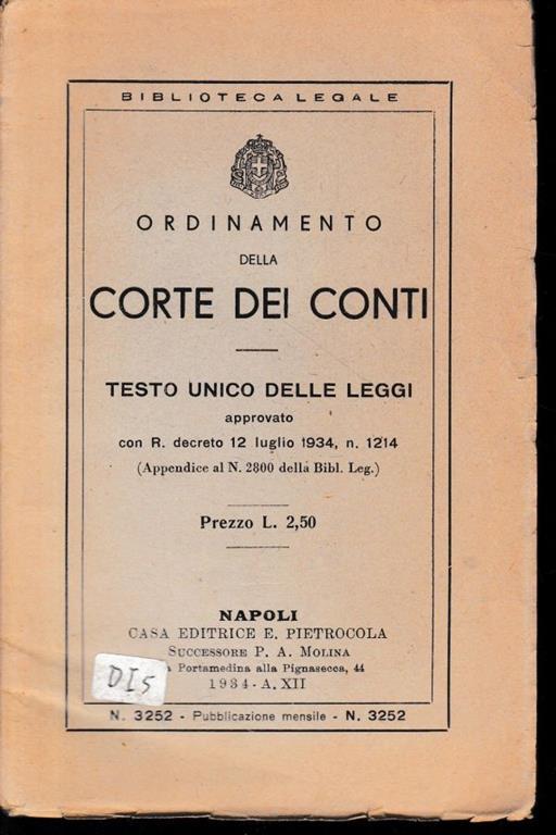 Ordinamento della Corte dei Conti. Testo unico delle leggi approvato con R. decreto 12 Luglio 1934, n. 1214 - copertina