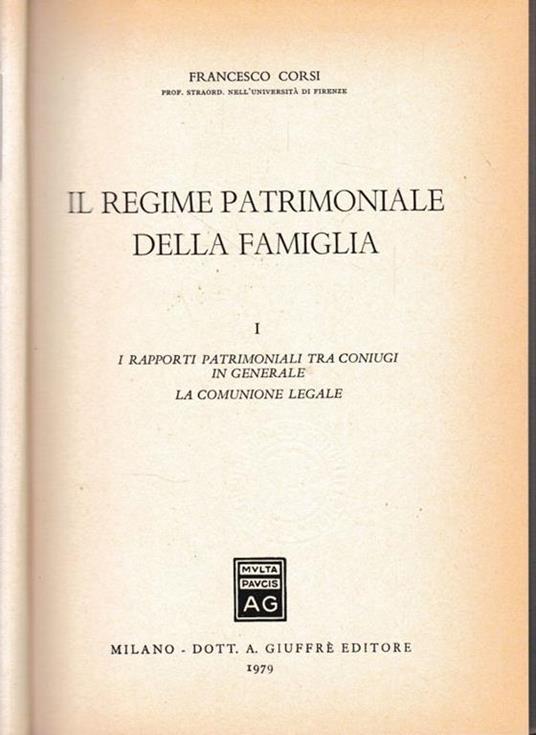 Il regime patrimoniale della famiglia - Francesco Corsi - copertina