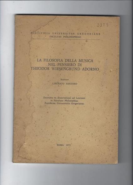 La filosofia della musica nel pensiero di Theodor Wiesenground Adorno - copertina