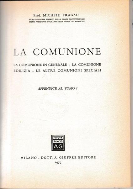 La comunione, appendice al tomo I - Michele Fragali - copertina