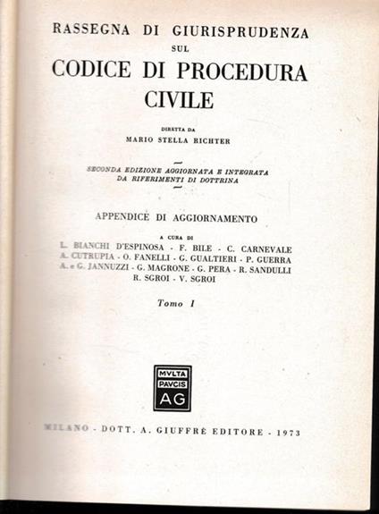 Rassegna di Giurisprudenza sul Codice di Procedura Civile. Appendice di aggiornamento, tomo 1, art 1-162 - Mario Stella Richter - copertina