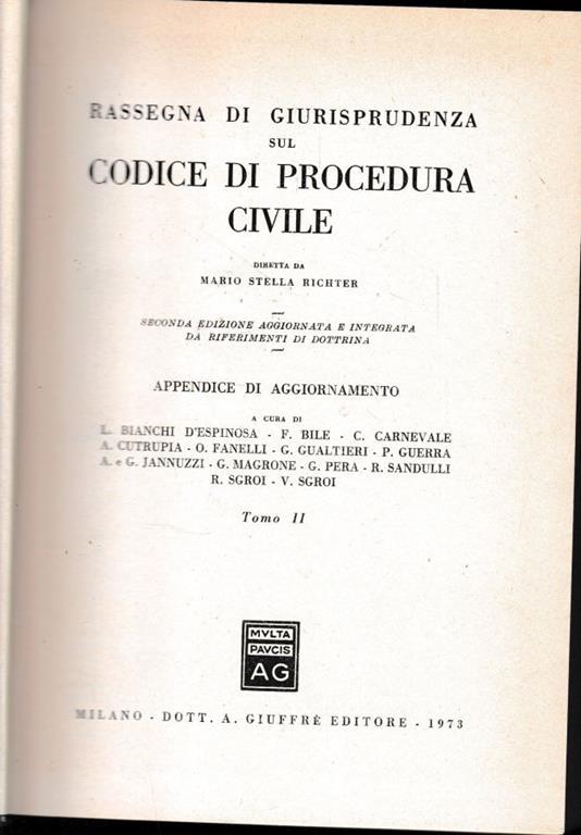 Rassegna di Giurisprudenza sul Codice di Procedura Civile. Appendice di aggiornamento. Tomo II, art. 163-473 - Mario Stella Richter - copertina