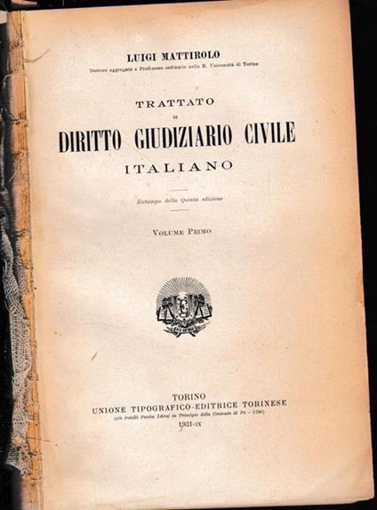 Trattato di Diritto Giudiziario Civile Italiano, vol. 1° - Luigi Mattirolo - copertina