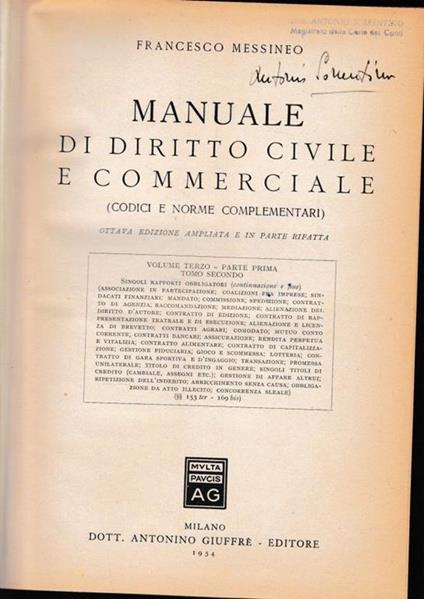 Manuale di diritto Civile e Commerciale (codici e norme complementari) vol. III, parte prima, tomo II - Francesco Messineo - copertina