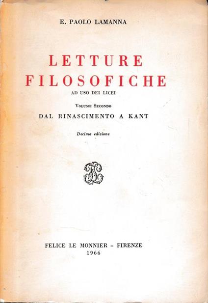 Letture filosofiche (vol. 2°) Dal Rinascimento a Kant - E. Paolo Lamanna - copertina