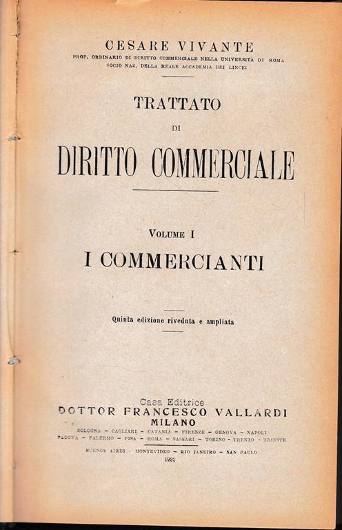 Trattato di Diritto Commerciale, vol. 1: i commercianti - Cesare Vivante - copertina