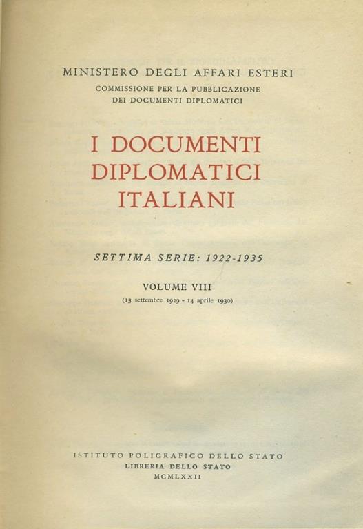 I documenti diplomatici italiani. Volume VIII - Ministero degli Affari Esteri - copertina