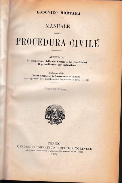 Manuale della Procedura Civile, vol. 1° - Lodovico Mortara - copertina
