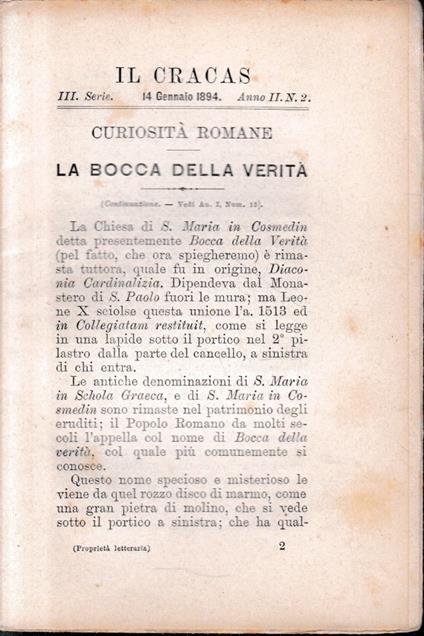 Il Cracas. Diario di Roma. Vol. 1.III serie, 14 Gennaio 1894. Anno II, n. 2 - copertina