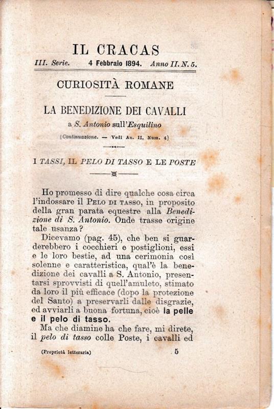 Il Cracas. Diario di Roma. Vol. 1. III serie, 4 Febbraio 1894. Anno II, n. 5 - copertina