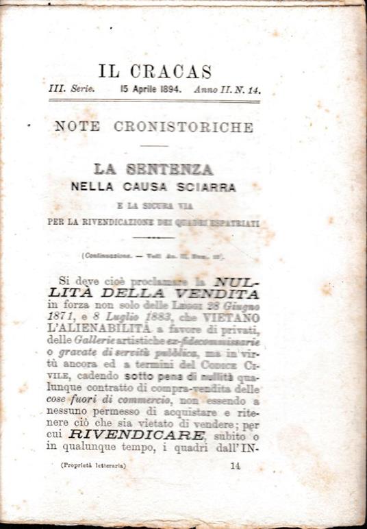 Il Cracas. Diario di Roma. Vol. 2. III serie, 15 Aprile 1894, anno II, n. 14 - copertina