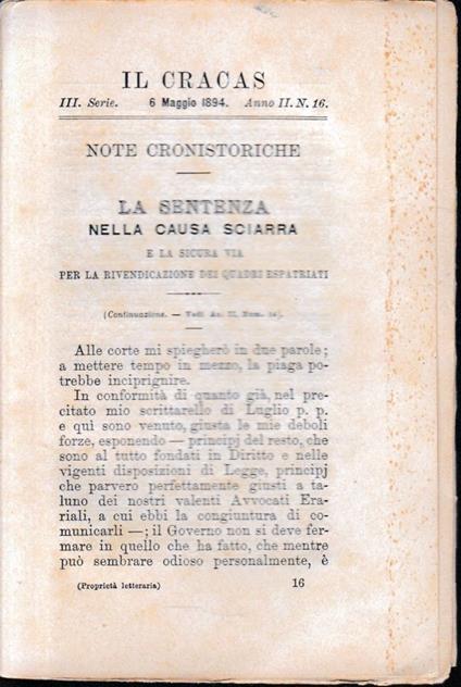 Il Cracas. Diario di Roma. Vol. 2. III serie, 6 Maggio 1894, anno II, n. 16 - copertina