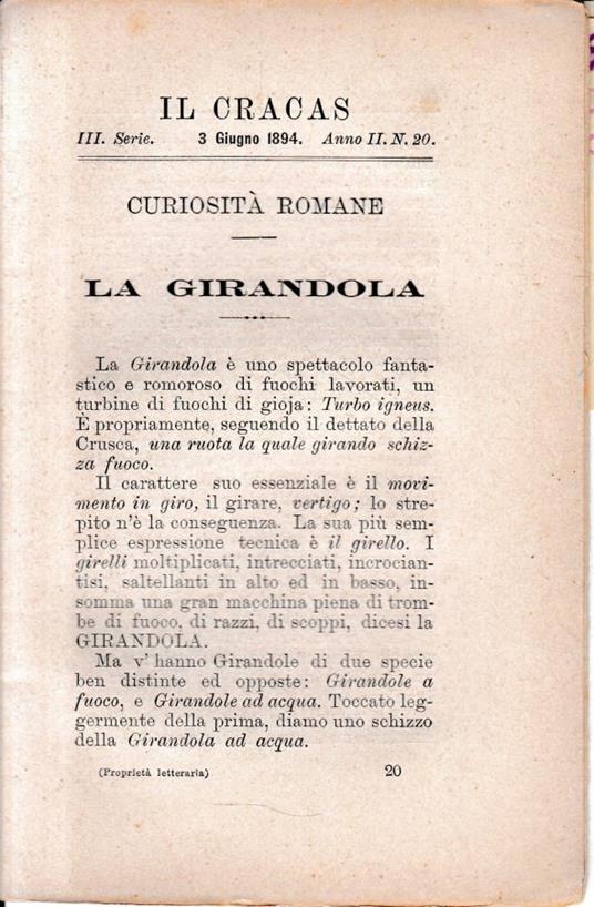 Il Cracas. Diario di Roma. Vol. 2. III serie, 3 Giugno 1894, anno II, n. 20 - copertina