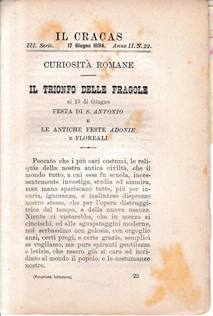 Il Cracas. Diario di Roma. Vol. 2. III serie, 17 Giugno 1894, vol. 2. anno II, n. 22 - copertina