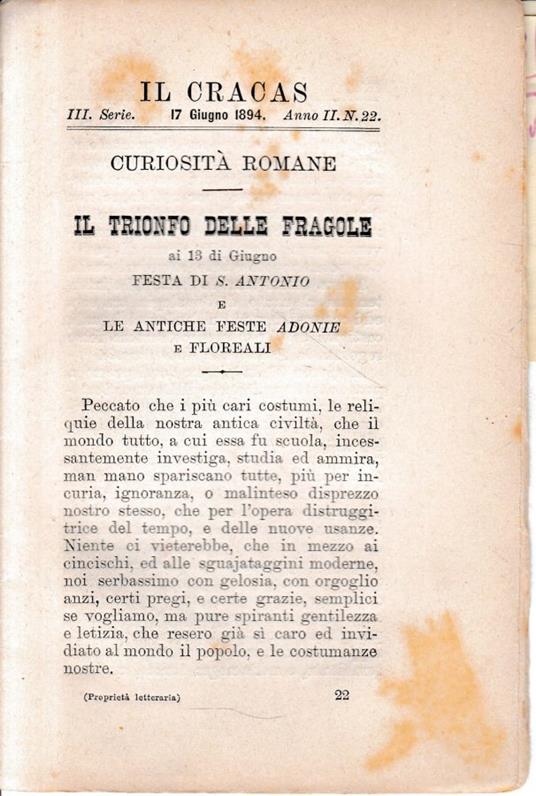 Il Cracas. Diario di Roma. Vol. 2. III serie, 17 Giugno 1894, vol. 2. anno II, n. 22 - copertina