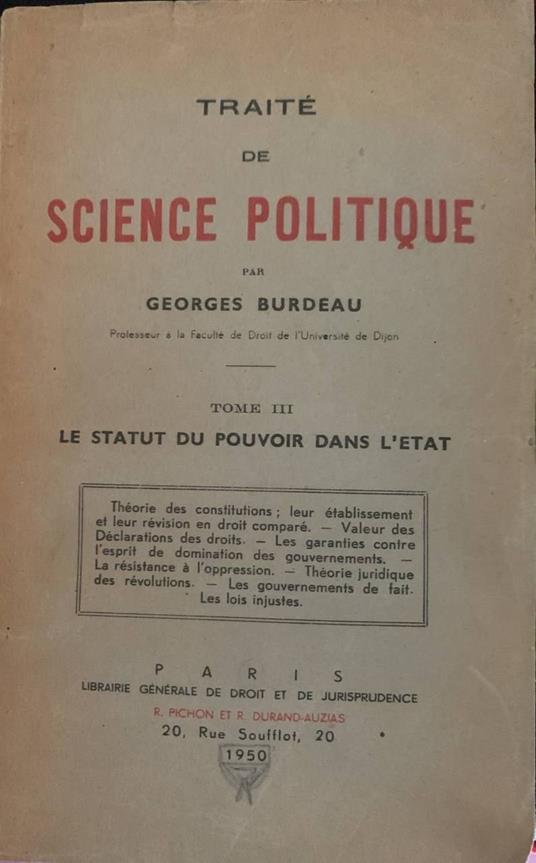 Traité de science politique. Tome III: le statut du povoir dans l'etat - Georges Burdeau - copertina