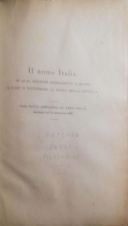 Saggi filologici, il nome Italia - Enrico Cocchia - copertina