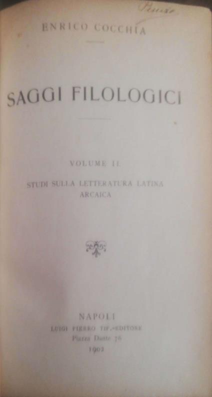 Saggi filologici Vol. 2 Studi sulla letteratura latina arcaica - Enrico Cocchia - copertina