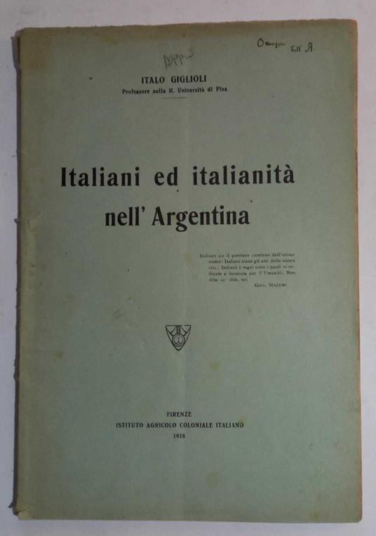 Italiani ed Italianità nell'Argentina - copertina