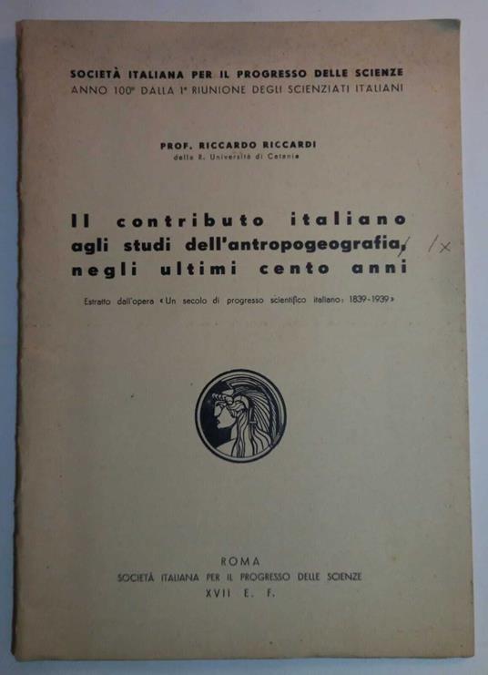 Il contributo italiano agli studi dell'antropogeografia negli ultimi cento anni - Riccardo Riccardi - copertina