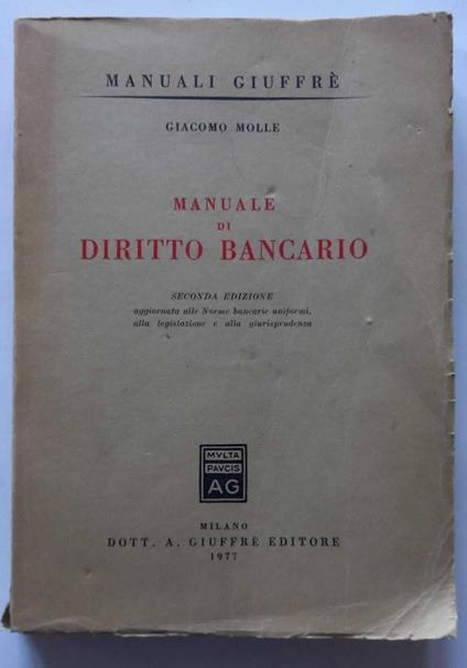 Manuale di Diritto Bancario - Giacomo Molle - copertina