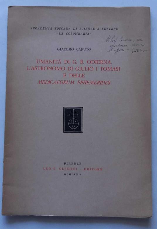 Um. di G.B. Odierna l'astr. di Giulio I Tomasi e Medicaeorum Ephemerides. (Estr.) - Giacomo Caputo - copertina