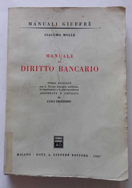 Manuale di Diritto Bancario - Giacomo Molle - copertina