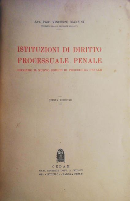 Istituzioni di diritto processuale penale - Vincenzo Manzini - copertina