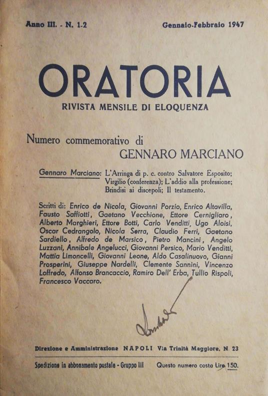 Oratoria, rivista mensile di eloquenza - Gennaro Marciano - copertina