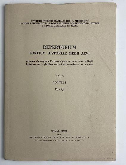 Repertorium fontium historiae medii aevi. Vol. IX Fontes Po-Q - copertina