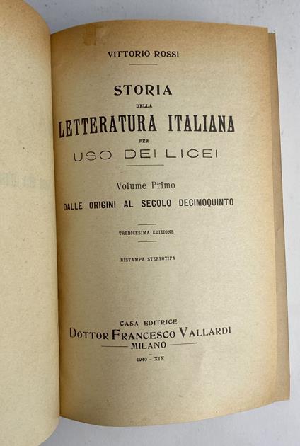 Storia della letteratura italiana. Vol. 1 - Vittorio Rossi - copertina