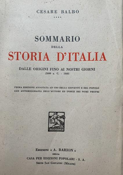 Sommario della storia d'Italia dalle origini fino ai nostri giorni (2600 a. C. - 1848) - Cesare Balbo - copertina