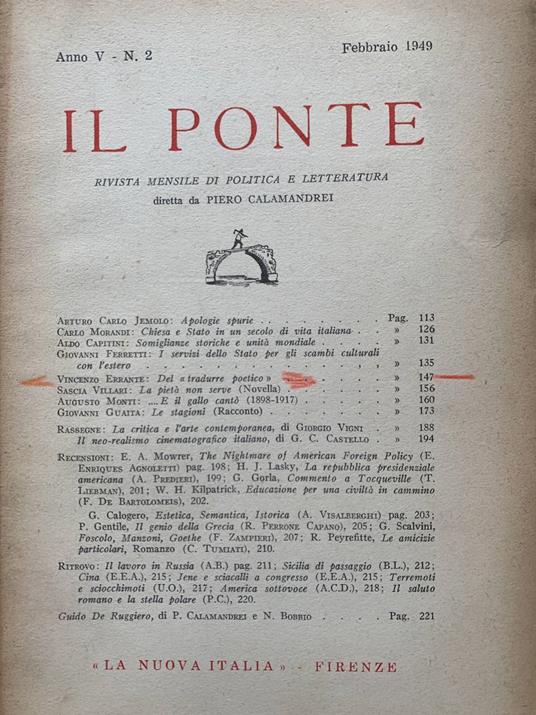 Il Ponte Anno V N. 2 - Piero Calamandrei - copertina