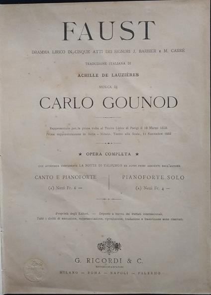 Faust. Dramma lirico in cinque atti - Charles Gounod - copertina