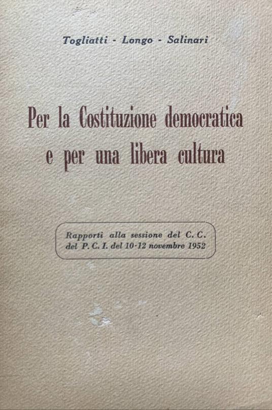 Per la Costituzione democratica e per una libera cultura - copertina