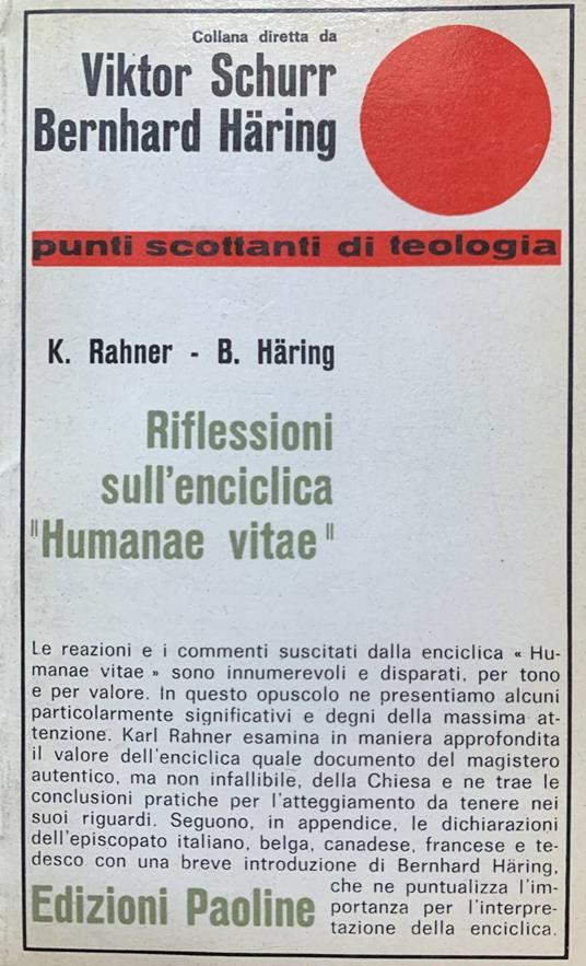 Riflessioni sull'enciclica "Humanae vitae" - Karl Rahner - copertina