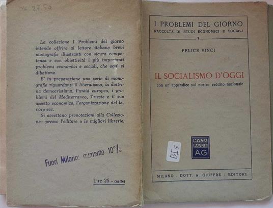 Il socialismo d'oggi con un'appendice sul nostro reddito nazionale - Felice Vinci - copertina