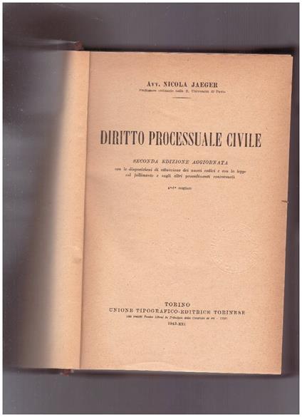 Diritto processuale civile - Nicola Jaeger - copertina