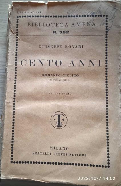 Cento anni - volume primo - Giuseppe Rovani - copertina