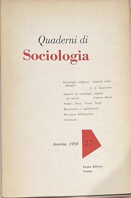 Quaderni di sociologia Inverno 1958 - copertina