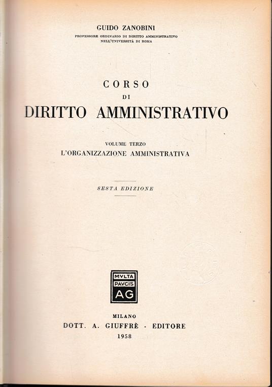 Corso di diritto amministrativo vol. 3° - Guido Zanobini - copertina