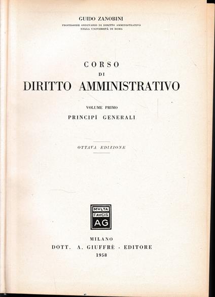 Corso di diritto amministrativo vol. 1° - Guido Zanobini - copertina