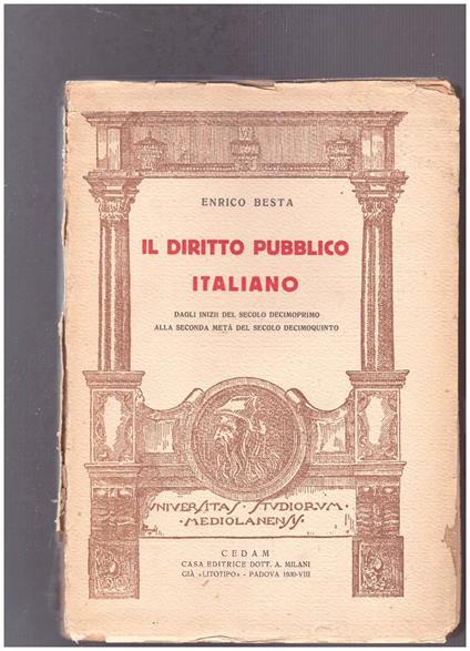 Il diritto pubblico italiano Dagli inizii del secolo decimoprimo alla seconda metà del secolo decimoquinto - Enrico Besta - copertina