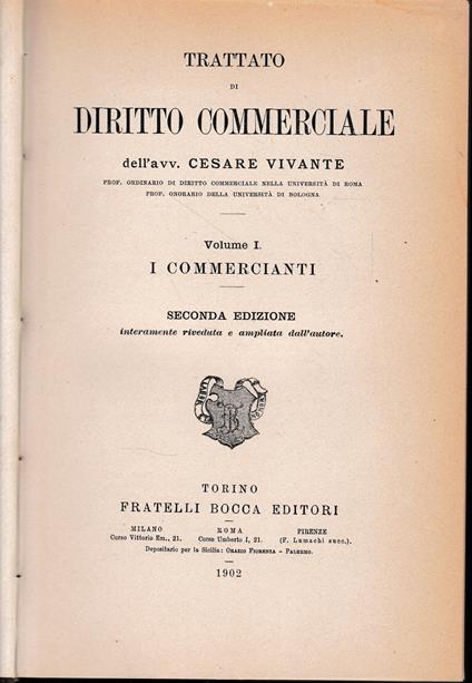 Trattato di diritto commerciale. Vol. I - I commercianti - Cesare Vivante - copertina